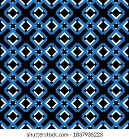 Vector seamless pattern texture background with geometric shapes, colored in blue, black and white colors.
