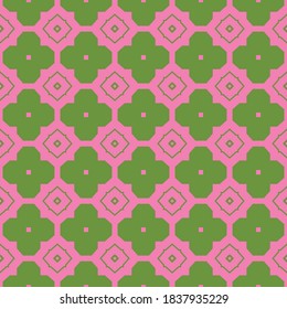 Vector seamless pattern texture background with geometric shapes, colored in pink and green colors.
