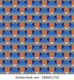 Vector seamless pattern texture background with geometric shapes, colored in grey, blue and orange colors.