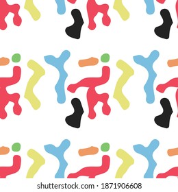 Vector seamless pattern, texture background. Hand drawn and red, blue, yellow, green, orange, black, white colored