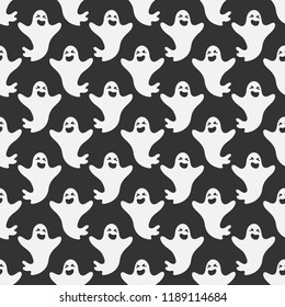 Vector seamless pattern texture of cartoon white happy ghost on black background. Halloween textile night party holiday phantom costume.