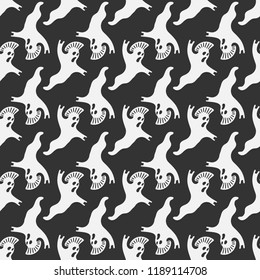 Vector seamless pattern texture of cartoon white happy punk rock ghost on black background. Halloween textile night party holiday phantom costume.