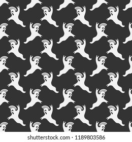 Vector seamless pattern texture of cartoon white happy punk rock ghost on black background. Halloween textile night party holiday phantom costume.