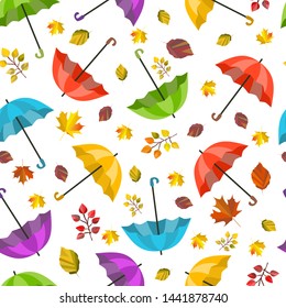 Vector seamless pattern, texture with colorful umbrellas and leaves. Autumn design. Cartoon, cute print.