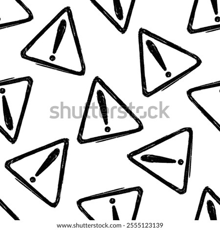 Vector seamless pattern or texture with doodle warning sign hand drawing. Black warning sign isolated on white background. Background with caution signs. Template for design banners, postcard.