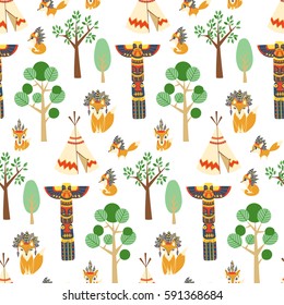 Vector seamless pattern texture with foxes in american indian style