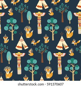 Vector seamless pattern texture with foxes in american indian style