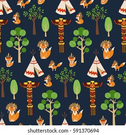 Vector seamless pattern texture with foxes in american indian style