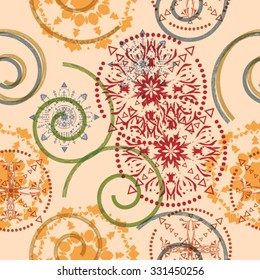 Vector Seamless Pattern .  Texture with Hipster Elements and Swirls. Vintage  Background . 