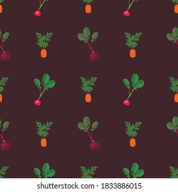 vector seamless pattern with texture images of carrots and beetroot, vegetable garden