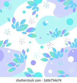 Vector seamless pattern, texture with leaves and abstract elements. Print for textiles, paper, covers. Spring gentle colors purple, green, blue, mint.