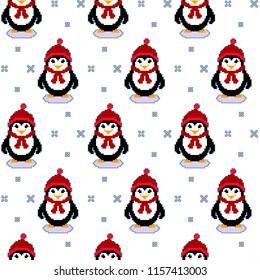 Vector seamless pattern texture with pixel art penguins and snowflakes. Winter Holidays cute vector penguins set.