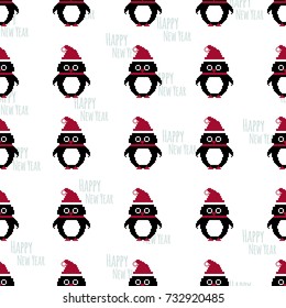 Vector seamless pattern texture with pixel art penguins. Winter Holidays cute vector penguins set.