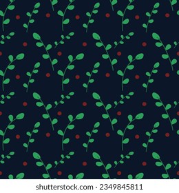 Vector seamless pattern. Texture of plant twigs on dark background. Leaves and berries seamless texture for textiles