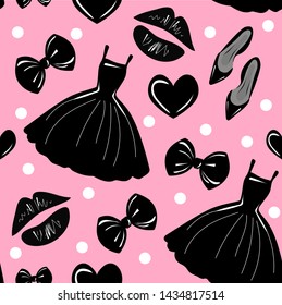 Vector seamless pattern, texture, print with girls stylish accessory, cosmetic, woman stuff on the pink background
