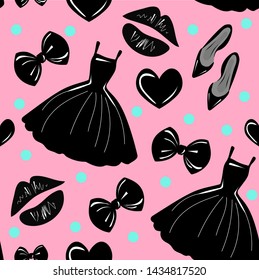 Vector seamless pattern, texture, print with girls stylish accessory, cosmetic, woman stuff on the pink background