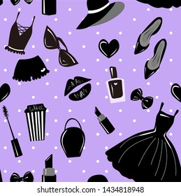 Vector seamless pattern, texture, print with girls stylish accessory, cosmetic, woman stuff on the violet, purple,lavender colored background