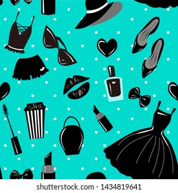 Vector seamless pattern, texture, print with girls stylish accessory, cosmetic, woman stuff on the blue, turquoise background
