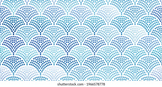 Vector seamless pattern with texture of scales and triangles. Soft natural shades of blue and purple. The mosaic wall of your house is oriental style. Vector illustration.