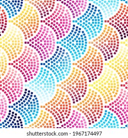 Vector seamless pattern with texture of scales and triangles. Shiny bright shades of blue, red, yellow. The mosaic wall of your house is oriental style. Vector illustration.