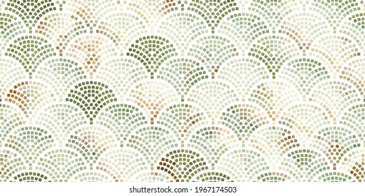 Vector seamless pattern with texture of scales and triangles. Soft natural shades of green and brown. The mosaic wall of your house is oriental style. Vector illustration.