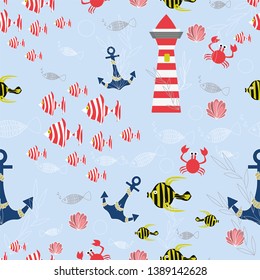 Vector seamless pattern, texture. Sea theme.Striped fishes, anchors, shells, crabs, lighthouse, sea plants on blue background.