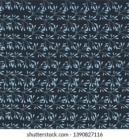 Vector seamless pattern, texture with small blue flowers or leaves on the dark background. 