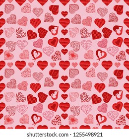 vector seamless pattern texture in the style of Doodle, in the form of a variety of hearts for print design and web design February 14 Valentines day, the background can be changed