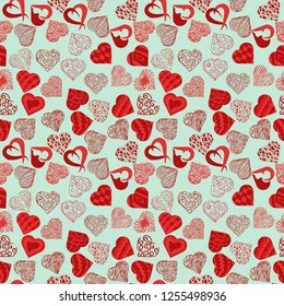 vector seamless pattern texture in the style of Doodle, in the form of a variety of hearts for print design and web design February 14 Valentines day,the background can be changed