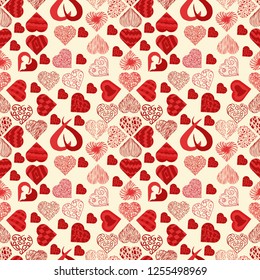 vector seamless pattern texture in the style of Doodle, in the form of a variety of hearts for print design and web design February 14 Valentines day,the background can be changed