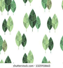 vector seamless pattern with textured green  leaves on white background
