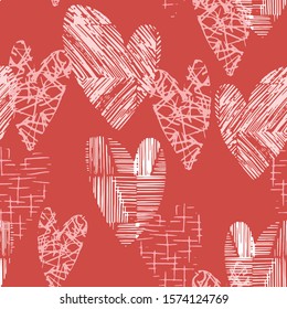 Vector seamless pattern with textured grunge hearts. Hand drawn design on red background.