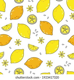 Vector seamless pattern with textured lemons and seeds and on white background. Summer citrus fruits backdrop