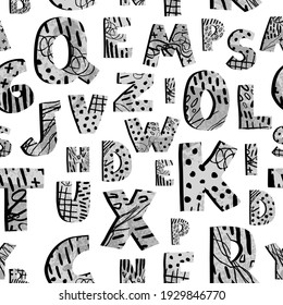 Vector seamless pattern with textured letters on white background. Alphabet. Can be used for wallpaper, pattern fills, web page, surface textures, textile print, wrapping paper, design presentation