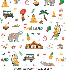 vector seamless pattern of Thailand, design travel landmarks doodle set