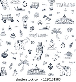 vector seamless pattern of Thailand, design travel landmarks doodle set