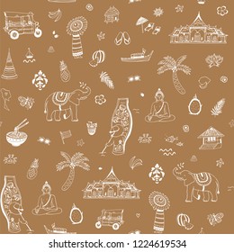vector seamless pattern of Thailand, design travel landmarks doodle set