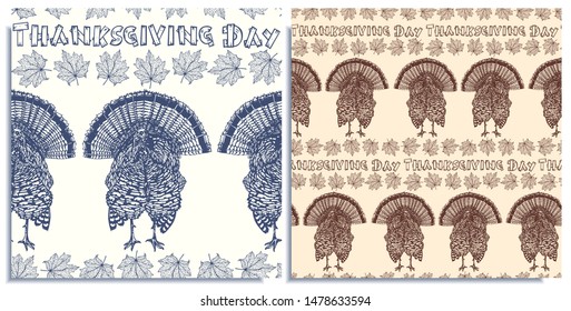 Vector seamless pattern. Thanksgiving day, outline lines leaves, fowl, lettering, hand-drawn leaves and turkey, real-style, calligraphic lines. Seasonal color: blue, brown, white, beige. Cover, wrap
