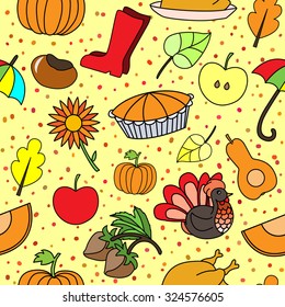 Vector seamless pattern with Thanksgiving elements and symbols - pumpkins, turkeys, leaves, nuts, umbrella, pie and rubber shoes. Cartoon style. Colorful autumn background.