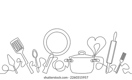 Vector seamless pattern that repeating horizontally with kitchen utensils and empty space for text above them. Background on the theme of cooking.