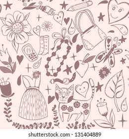 Vector seamless pattern "The Girlish dreams" with a flowers, hearts, sweet stuffs and a cat./gentle pink