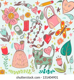 Vector seamless pattern "The Girlish dreams" with a flowers, hearts, sweet stuffs and a cat/gentle blue