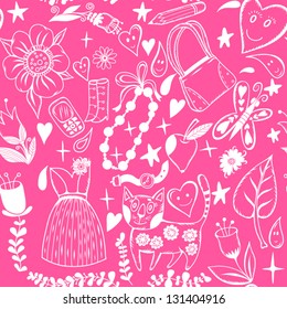 Vector seamless pattern "The Girlish dreams" with a flowers, hearts, sweet stuffs and a cat./bright pink