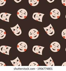 Vector seamless pattern with theatrical masks drama and comedy symbol. Endless print of classic sign of theatre art performances. Background design of creative events, opera festival, acting course