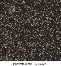 Vector seamless pattern of thin contour line gold leaves foliage on a black background
