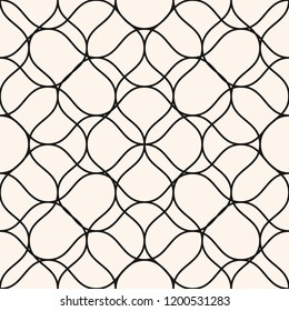 Vector seamless pattern with thin curved lines. Black and white illustration of fishnet, lace, mesh, net. Subtle monochrome background texture. Simple repeat design for decor, fabric, wallpaper, cloth