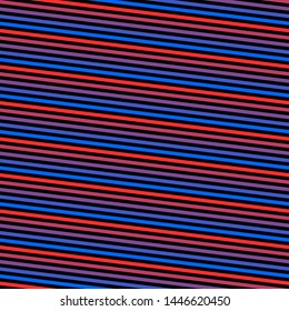 Vector seamless pattern with thin diagonal lines, slanted stripes. Retro 1980-1990's fashion style background. Trendy colorful striped texture. Abstract geometric design. Neon red and blue gradient
