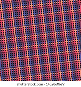 Vector seamless pattern with thin diagonal crossing lines, squares, stripes. Retro 80s - 90s fashion style background. Trendy colorful texture. Abstract repeat geometric design. Blue, red, orange