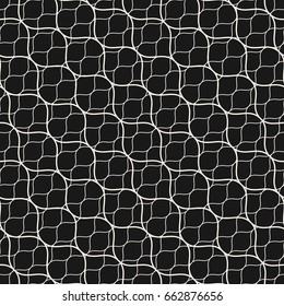 Vector seamless pattern, thin diagonal wavy lines. Subtle texture of mesh, fishnet, lace, weaving, delicate grid. Dark monochrome geometric background. Elegant design for decor, covers, digital, web