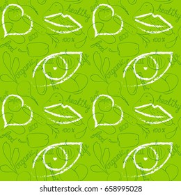 Vector seamless pattern (thin line) of hand drawn fresh vegetables,heart,lips,eye on green background for organic, healthy,vegan food packaging-green labels,emblems for vegetarian products,shops.